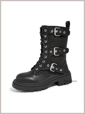Women's Platform Combat Boots Chunky Mid Calf Side Zipper Buckles Lace Up Goth